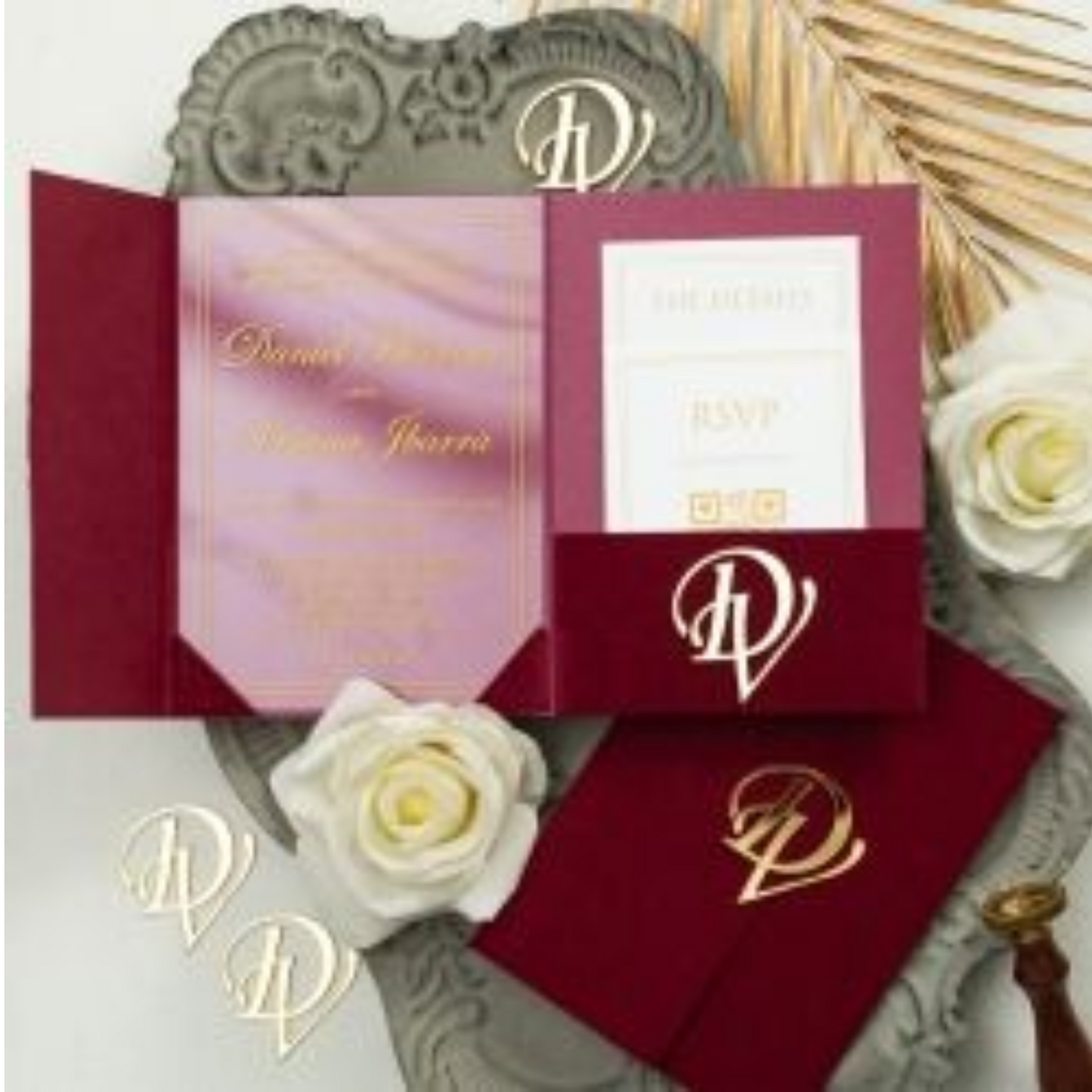 Invitations- Burgundy Velvet Pocket with Acrylic Invitation & 3D Acrylic Stickers