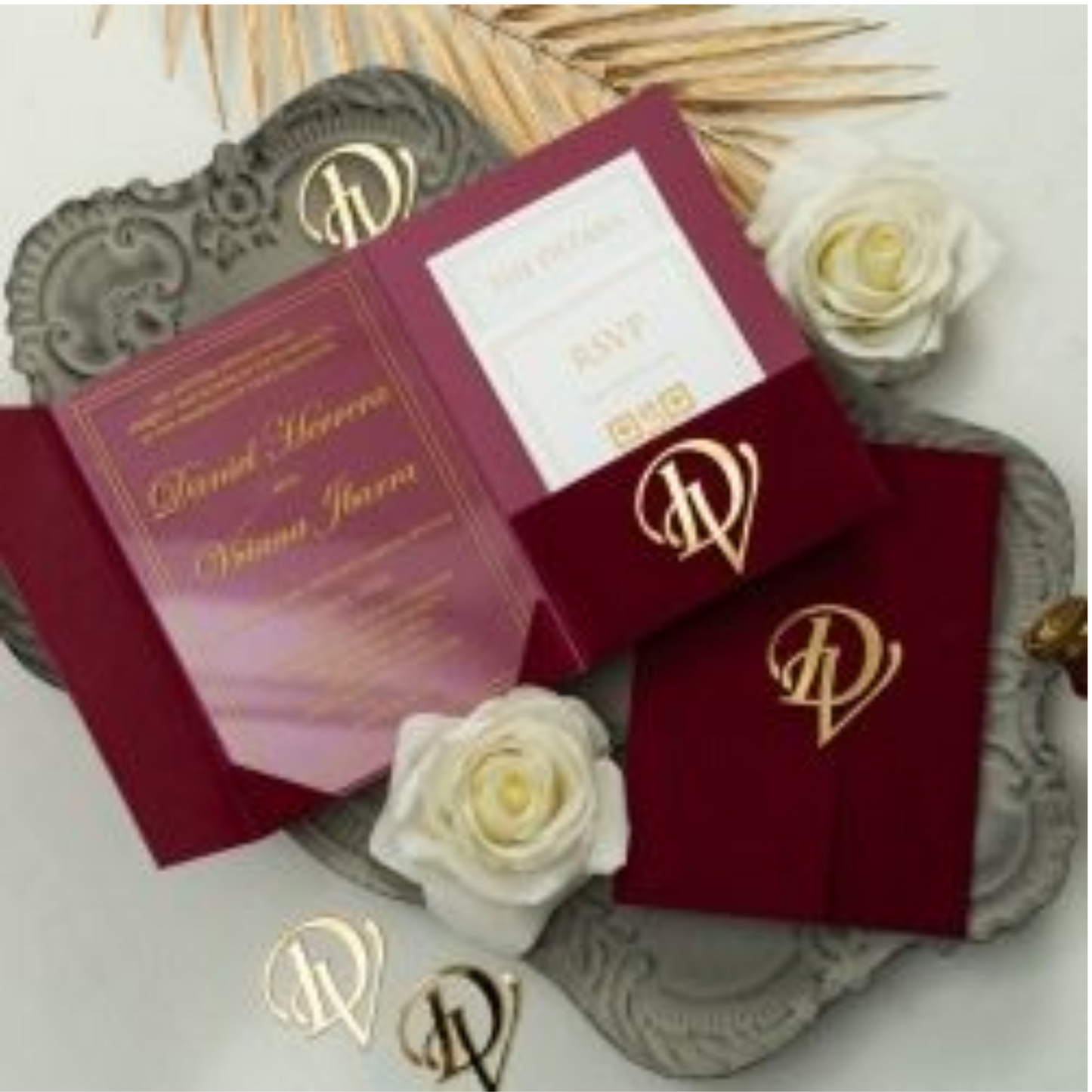 Invitations- Burgundy Velvet Pocket with Acrylic Invitation & 3D Acrylic Stickers