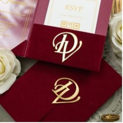 Invitations- Burgundy Velvet Pocket with Acrylic Invitation & 3D Acrylic Stickers