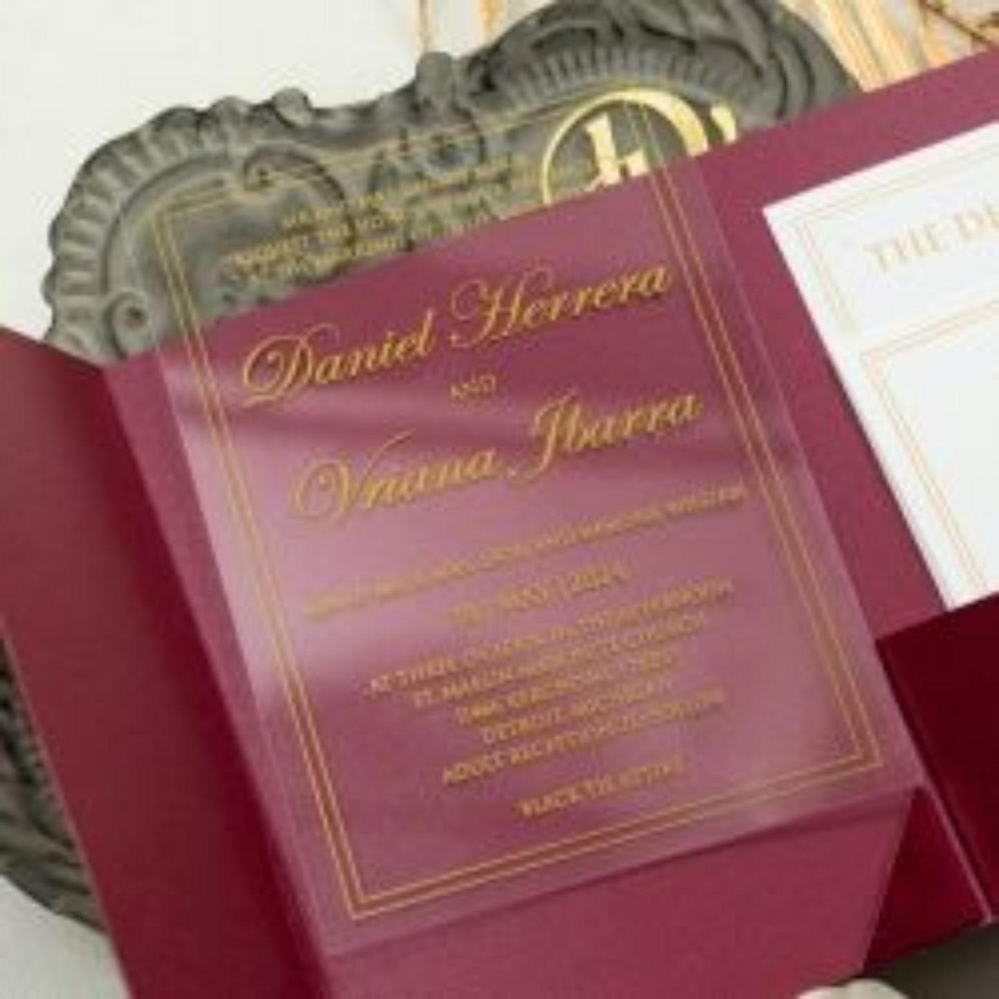 Invitations- Burgundy Velvet Pocket with Acrylic Invitation & 3D Acrylic Stickers