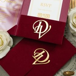 Invitations- Burgundy Velvet Pocket with Acrylic Invitation & 3D Acrylic Stickers